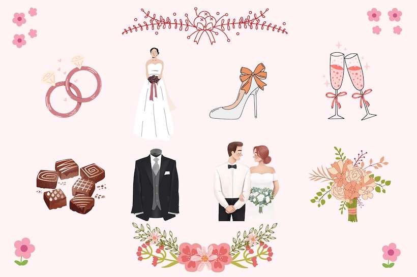婚禮展常見服務示意圖，包括婚戒、婚紗、婚鞋、婚宴、喜餅、西服與婚禮佈置等